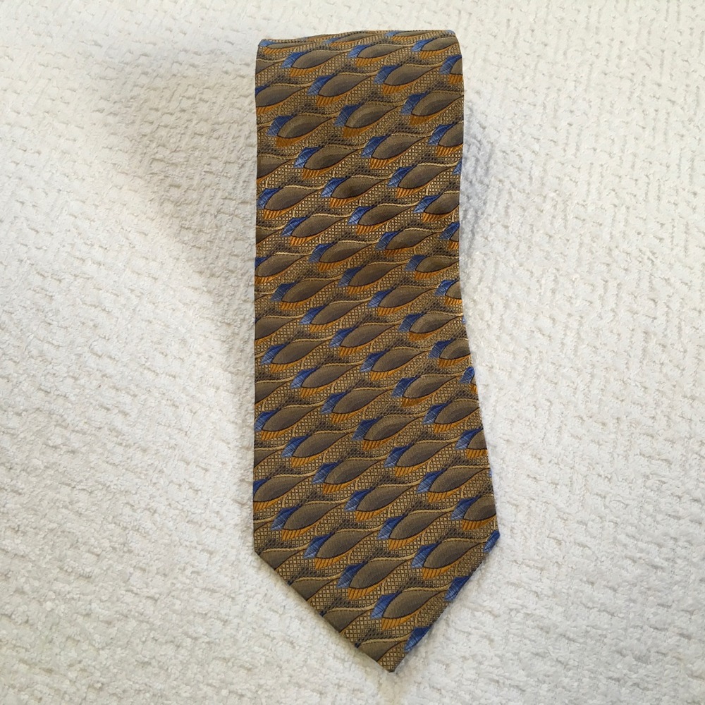 Jos A Bank‎ Signature Collection Silk Mens Tie Geometric Pattern Gold Blue